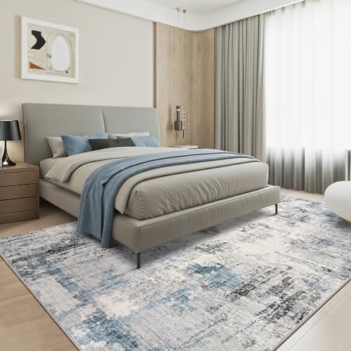 Abstract 9x12 Area Rug: Machine Washable Non Slip Ultra Thin Low-Pile Carpet, Soft Stain Resistant for Living Dining Room Bedroom, Kid Pet Friendly, Robot Vacuum Compatible - Grey Blue