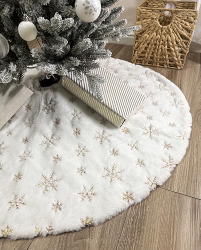 AOGU 60 Inch Sequin Faux Fur Christmas Tree Skirt Decoration for Merry Christmas Party White Plush Gold Sequin Snowflake Xmas Christmas Tree Skirt Decorations