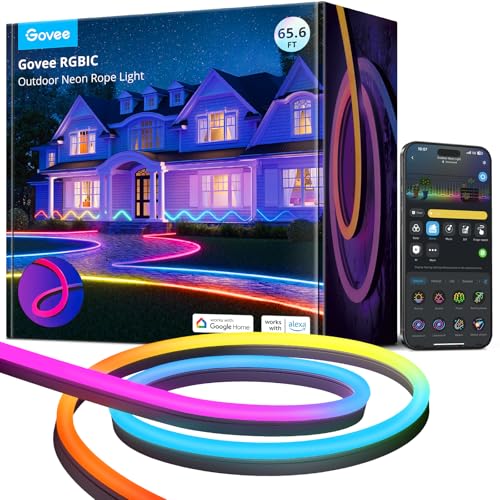 Govee Outdoor Neon Rope Lights, 65.6ft RGBIC IP67 Waterproof Outdoor Decorations with 64 Scene Modes, Music Sync, Flexible LED Lights, Neon Lights Work with Alexa, Google Assistant