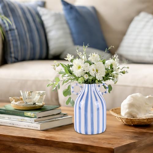 Blue and White Ceramic Vase with Handle, Nordic Boho Small Vases Side Table Flower Centerpiece, Wide Mouth Single Flower Vase Pampas Grass Decorative - for Home Window Sill Living Dining Room Kitchen