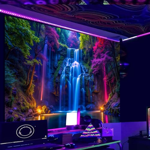 Miytal Blacklight Waterfall Tapestry - UV Reactive Glow in the Dark Neon Forest Wall Hanging, Vibrant Nature Landscape Wonderland for Bedroom, Living Room Decor - 51.2" x 59.1"