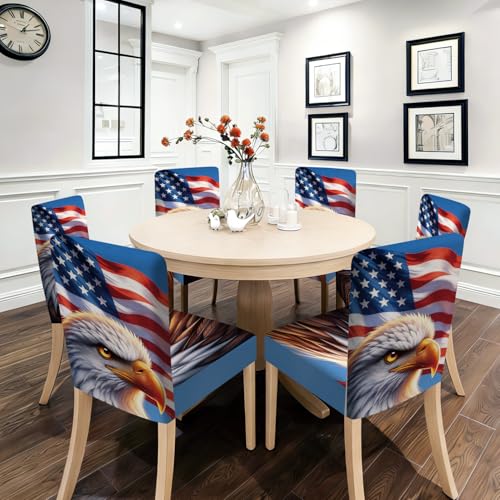 Independence Day Eagle Flag Chair Covers Set of 6,Stretchable Kitchen Dining Room Chair Covers Decorations Removable Washable Dining Chair Slipcovers Chair Protectors for Dining Room & Kitchen