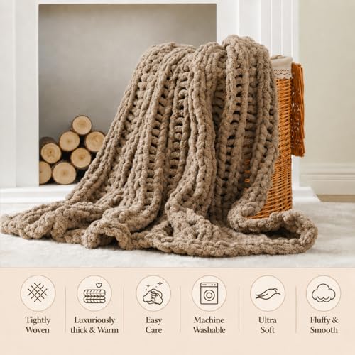 Battilo Chunky Knit Throw Blanket for Couch, Hand Made Chenille Throw Blanket, Super Soft Warm Cozy Taupe Blanket for Bed, Sofa, Living Room, 50"x60"