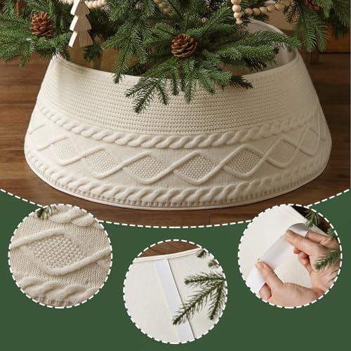 Knitted Christmas Tree Collar: Cream Crossed Diamond Edge Chunky Cable Knit Christmas Tree Collars for Artificial Trees, Farmhouse Rustic Tree Ring Tree Skirt for Christmas Home Décor