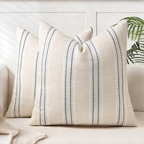 AELS 18x18 Decorative Farmhouse Linen Blend Throw Pillow Covers, Boho Textured Pillow Case, Set of 2,Beige with White & Navy Blue Stitch Yarn Dyed Stripe Cushion Cover for Sofa Living Room(Cover ONLY)
