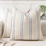 AELS 18x18 Decorative Farmhouse Linen Blend Throw Pillow Covers, Boho Textured Pillow Case, Set of 2,Beige with White & Navy Blue Stitch Yarn Dyed Stripe Cushion Cover for Sofa Living Room(Cover ONLY)