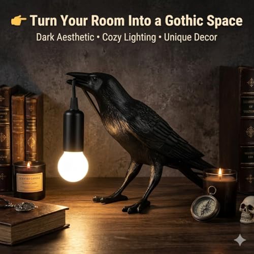 Raven Lamp Gothic Decor, Black Crow Table Lamp with LED Bulb, Unique Dark Aesthetic Night Light for Bedroom Desk, Halloween Home Decoration Gift