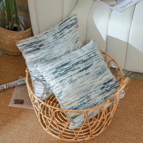 Chenille & Jacquard Pillow Covers 18x18 Inch Set of 2 - Textured Coastal Stripe Decor | Luxury Sofa Bed Cushion Covers in Seaside Beige & Teal Ombre (Oceanic Hues Collection)
