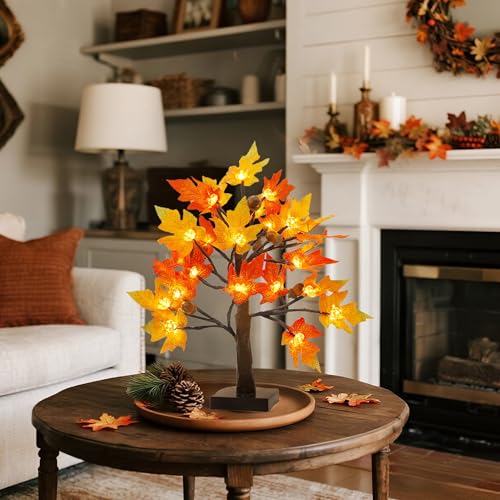 Cllayees Fall Decorations fo Home 2 Pack 18" Lighted Maple Tree | Timer, Thanksgiving Autumn Table Decor, For Office, Desk, Table Centerpiece, Bedroom
