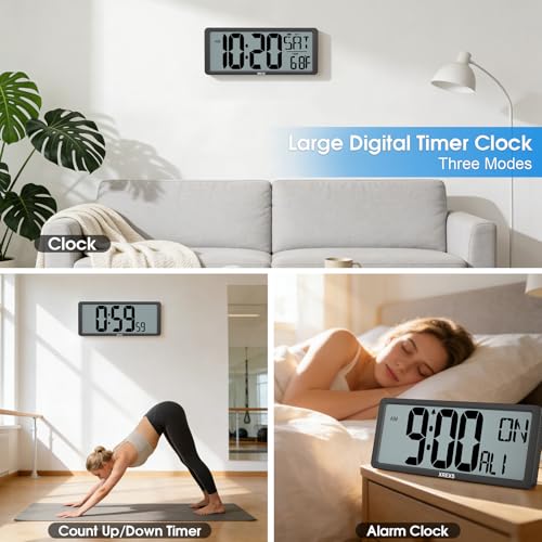 XREXS Large Digital Wall Clock, Battery Operated Alarm Clocks for Bedroom Home Decor, Count Up & Down Timer, 14.17 Inch Large LCD Screen with Time/Calendar/Temperature Display (Batteries Included)