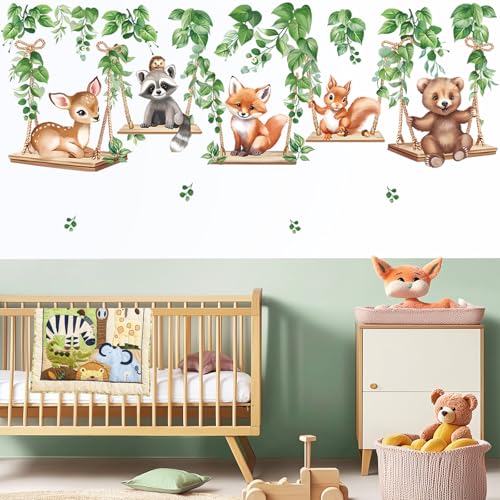wondever Woodland Animal on Swings Wall Stickers Baby Bear Deer Fox Leaves Peel and Stick Wall Art Decals for Children Nursery Kids Bedroom Living Room