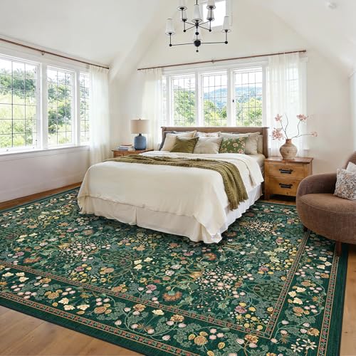 AMADA HOMEFURNISHING 8x10 Washable Area Rugs for Living Room, Non-Slip & Low-Profile Floral Large Area Rug with Durable Edge Binding, Soft Rugs for Living Room, Bedroom, Dining Room