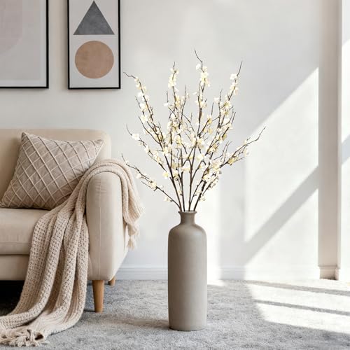 Ammyoo 4Pcs Cherry Blossom Branches Artificial Flowers for Spring Summer Indoor Decoration,Faux Long Stem Artificial Flowers for Wedding Home Office Bedroom Party Table Centerpieces Decor(White)
