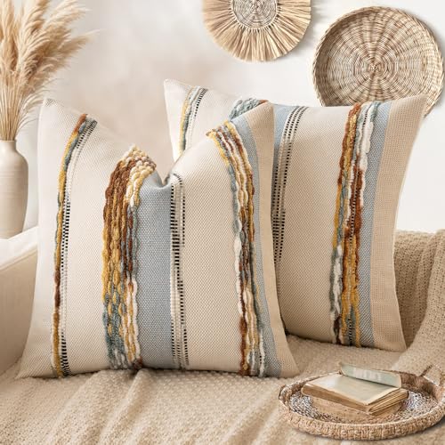 Boho Decorative Pillow Covers 20x20 Blue-Earth Tones Pack of 2