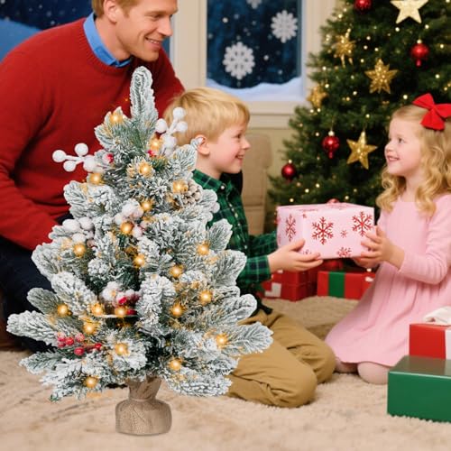 ININ 2FT Pre-lit Mini Christmas Snow Flocked Tree,Tabletop Artificial Christmas Tree with LED Lights, Small Xmas Pine Tree with Cloth Bag Base for Christmas Decor,12 Clusters Berry & 8 Pinecones