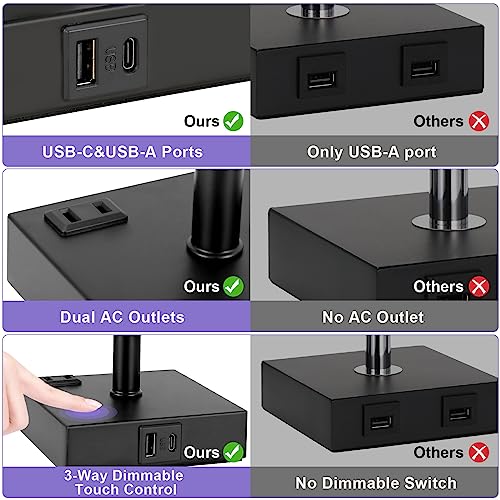 aooshine Black Lamp for Bedroom-Touch Lamp with USB-C+A and AC Outlets,3 Way Bedside Nightstand Square Table Lamp for Kids, Guest Room Living Rroom,Office, 800 Lumens 5000K Daylight Bulbs Included