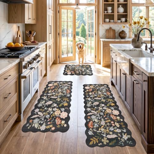 Scalloped Kitchen Rug Set of 3: Washable Floral Soft Boho Kitchen Runenr