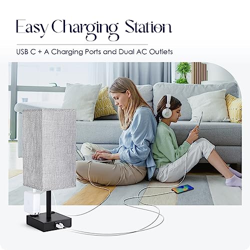 Bedside Table Lamp for Bedroom - Touch Small Lamp with USB C+A Charging Ports & AC Outlets, 3 Way Dimmable Nightstand Light for Living Room (LED Bulb Included, Grey)