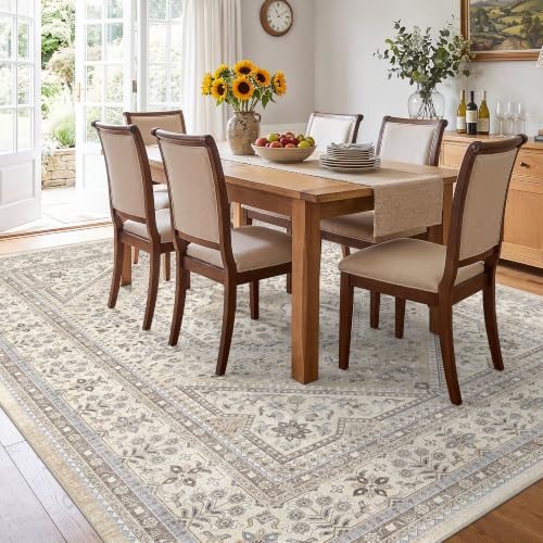 10x14 Washable Area Rug for Living Room - Non-Slip Vintage Rugs Beige Gray