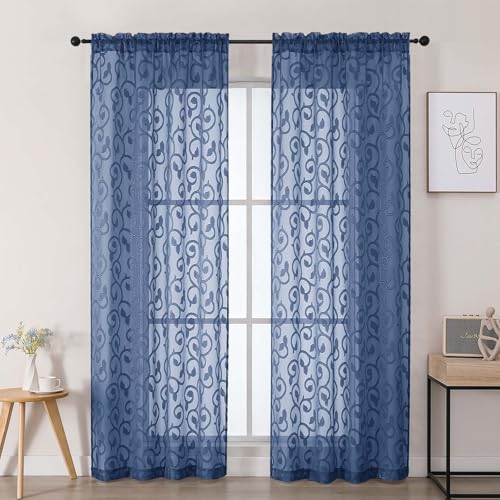 Dusty Blue Sheer Curtains 84 Inches Long 2 Panels Set for Bedroom Living Room, Soft Solid Airy Elegant Geometric Jacquard Clip Light Filtering Curtains Drapes, 2Pcs Total Wide 84" Inch