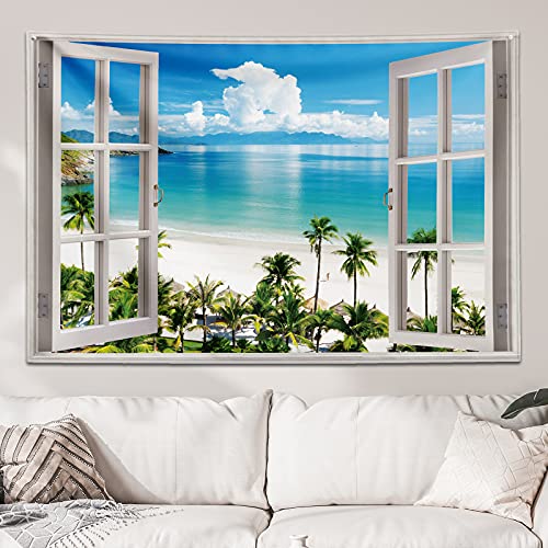 GOURIDA Ocean Beach Tapestry Wall Hanging Blue Sea Tropic Island Paradise Summer Coconut Tree Palm Seaside Window Nature for Bedroom Aesthetic ,61 W x 41 H inch