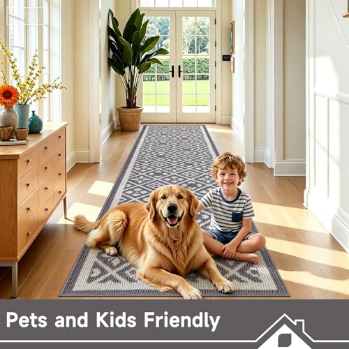 Hallway Runner Rug 2x10 ft,Washable Indoor Grey Entryway Carpet with Non Slip Rubber Backing,Low Pile Heavy Duty Kitchen Floor Mat for Entrance & High Traffic Areas