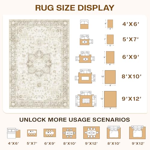LIVELYGLOW 6x9 Retro Vintage Area Rug, Non-Slip Carpet, Beige Vintage