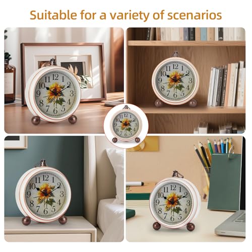 Classic Vintage Table Clock - 5.2in Cute Sunflower Analog Clock, Silent Non-Ticking Desk Clock with Distressed Metal Frame for Office, Living Room or Bedroom (Sunflower)