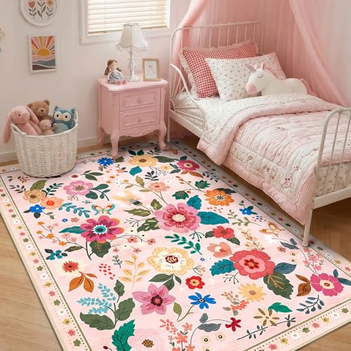 RELEANY Floral Washable 4x6 Area Rugs Pink