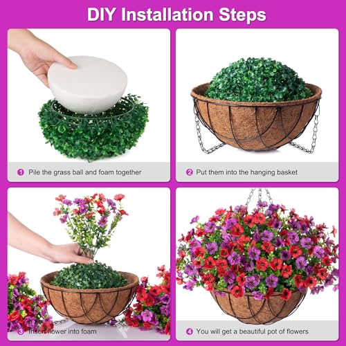 Artificial Silk Flowers Hanging Basket for Outdoor Indoor, Daisy with Eucalyptus Leaves Arrangement for Garden Yard Spring Summer Decor, Faux Green Plant in Metal Coconut Lining Pot(Red Purple)