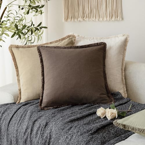 Foindtower Decorative Linen Fringe Throw Pillow Covers 22×22 Reddish Brown