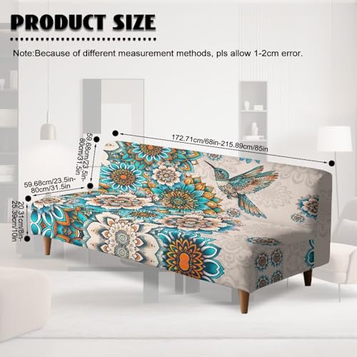 Suobstales Boho Mandala Hummingbird Print Stretch Armless Futon Cover, Futon Mattress Covers Soft Furniture Protector with Elastic Bottom, Foldable Sofa Slipcovers Washable Couch Cover