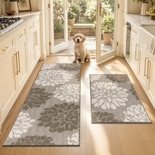 Findosom Kitchen Rugs Sets of 2, Floral Washable Kitchen Runner Rug, Brown