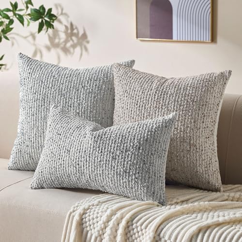Allorry Decorative Lumbar Pillow Cover 12x20 Blue Striped Soft Wool Lumbar Throw Pillow Neutral Textured Boho Cushion Covers for Modern Farmhouse Sofa Bedroom Living Room Decor SY011-C12