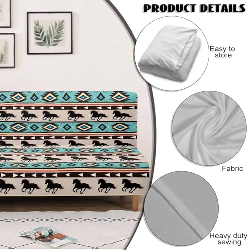 Aztec Tribal Horse Futon Covers, Armless Sofa Covers, Stretch Sofa Bed Cover, Washable Futon Slipcover Furniture Protector for Kids, Pets, Dog and Cat