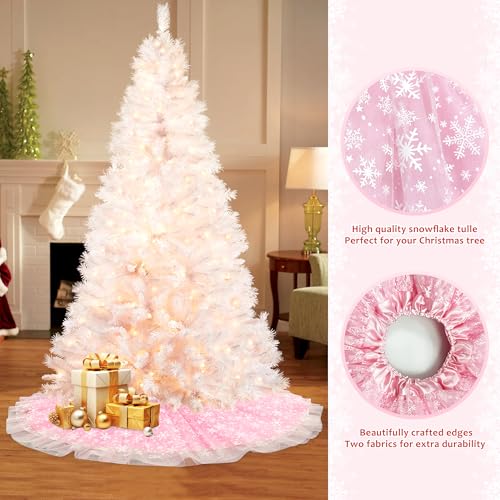 Christmas Wedding Tree Skirt, 4 Layer 47 in Snowflake Tulle Tree Decoration for Party Indoor, Fluffy Tree Cover Mat Ornament for Holiday, Pink