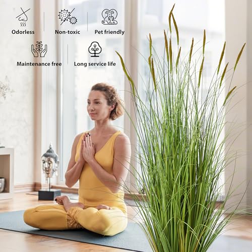 KOL 4ft Artificial Cattail Grass, 47.2in Artificial Indoor Outdoor Fake Onion Plant, Home Office Decor Floor Plants & Flowers in Pot Faux Plant Greenery, Housewarming Gift Reed Grass, Green