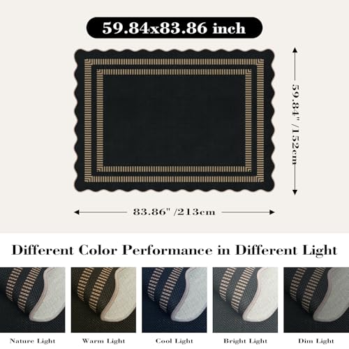 Scalloped Modern Easy Jute Carpet, 5x7 Outdoor Patio Washable Area Rug, Indoor Black Kitchen Rugs Farmhouse Neutral Non Slip Rug for Living Room Patio Entryway
