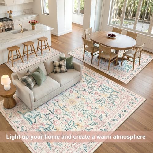 Washable Area Rug 6x9, Pink Boho Floral Rugs for Bedroom Girls, Soft Low-Pile Indoor Nursery Carpet for Living Room Dining Room Playroom Dorm Kids Room Decor