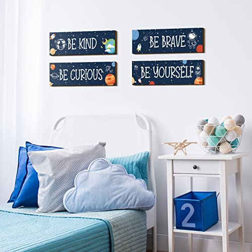 Yookeer 4 Pcs Space Room Decor for Kids Teen Boys Inspirational Outer Space Wall Art Decor Motivational Hanging Galaxy Wood Plaque Sign for Back to School Playroom Nursery Classroom Dorm(Blue)