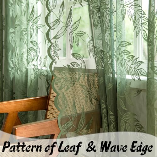 Sutuo Home Olive Green Lace Curtains 84 Inches Long for Bedroom Living Room, Leaf Embroidery Window Sheer Drapes Pair, Rod Pocket Vintage Country Window Treatments Set of 2 Panels, 57" W x 84" L