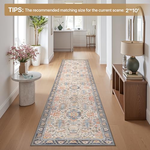 2x7 Hallway Runner Rug Non Slip, Washable Boho Tumble Cream Blue Rug