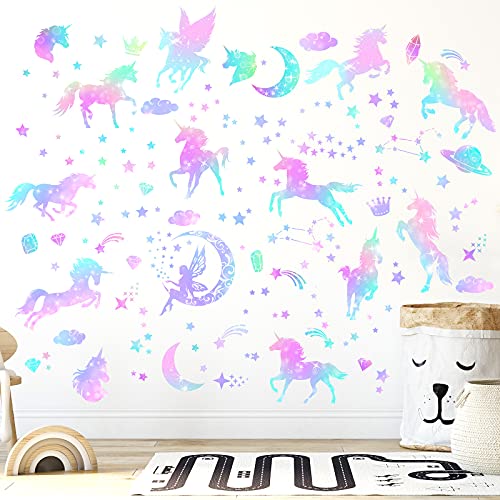 4 Sheets of Unicorn Peel and Stick Wall Decal Glitter Unicorn and Fairy Wall Stickers Cartoon Wall Decals Removable DIY for Bedroom Playroom Living Room Decor