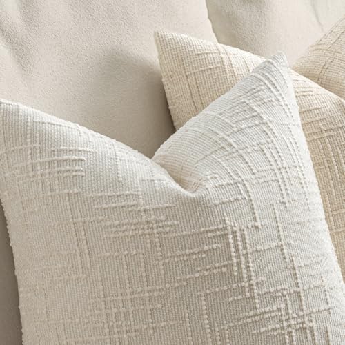 MIULEE Textured Throw Pillow Covers Thick Chenille Decorative Pillows Cream White 18x18 Inch Set of 2 Modern Boho Farmhouse Home Decor Neutral Cushion Covers for Couch Sofa Living Room Bedroom