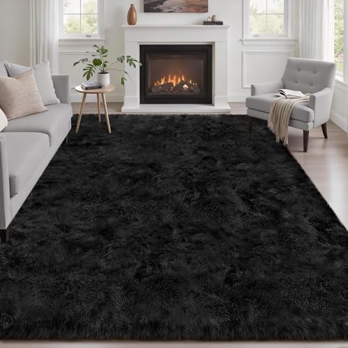 Area Rug Living Room Bedroom: 4x6 Fluffy Plush Shag Carpet Black