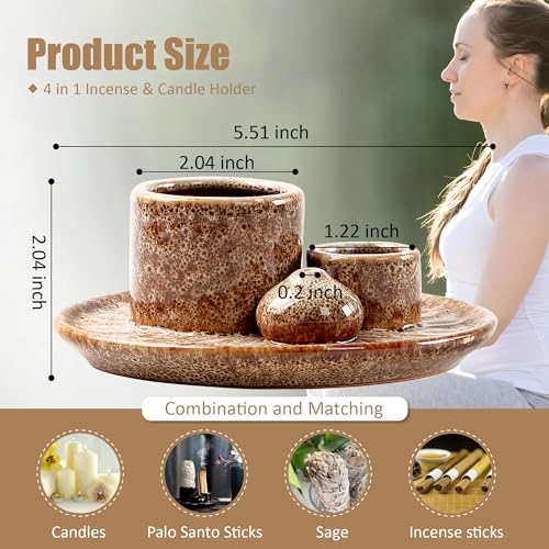 4 in 1 Ceramic Incense Burner, Sage Holder for Burning Bowl, Palo Santo Holder, Incense Holder for Sticks, Smudge Stick Holder(Brown)