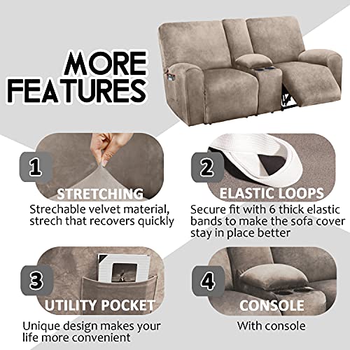 ULTICOR Reclining LoveSeat with Middle Console Slipcover, 8-Piece Velvet Stretch Loveseat Reclining Sofa Covers, 2 seat Love seat Recliner Cover, Thick, Soft, Washable, Love seat Slipcovers (Taupe)