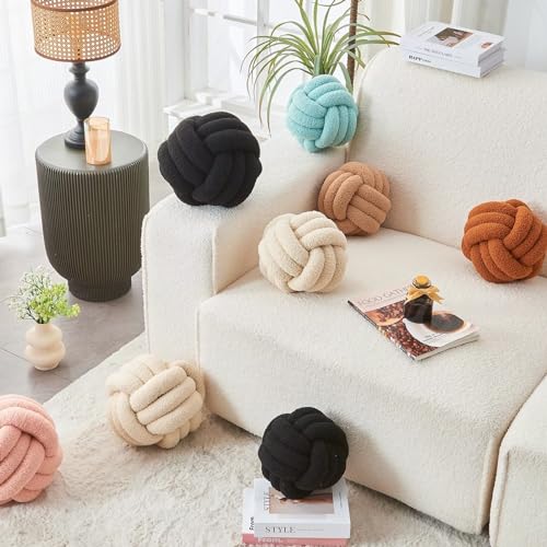 LUSJNGE Decorative Throw Knot Pillow Ball for Home Chair Sofa Couch Bed Aesthetic Round Decor Pillows Lambswool Knotted Pillow Cushion (Beige, 8inches)