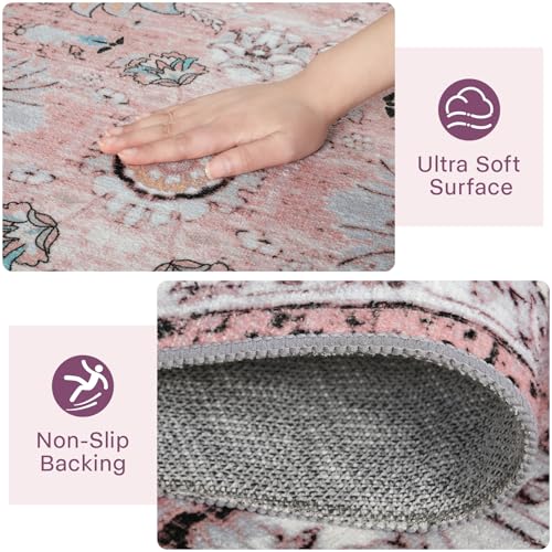 Machine Washable Rug 4x6 Boho Area Rug, Pink Rugs for Bedroom Girls Bedside Living Room Dining Room Office, Anti Slip Low-Pile Stain Resistant Printed Vintage Floral Carpet Rugs