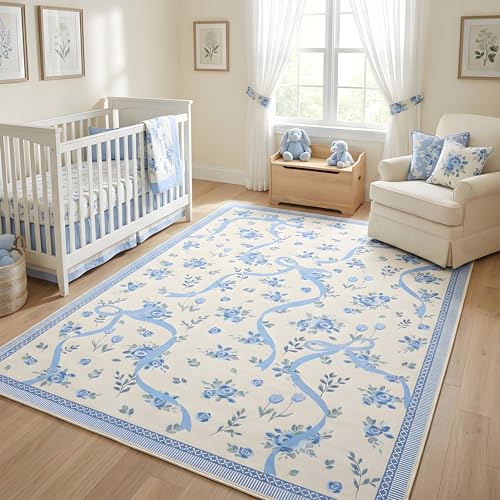 GarveeHome Floral Bow Rugs for Bedroom Girls, 5x7 Area Rugs for Living Room with Soft Low Pile, Non Slip Blue and White Washable Rug 5x7 for Nursery Kids Playroom Dining Room College Dorm Rug